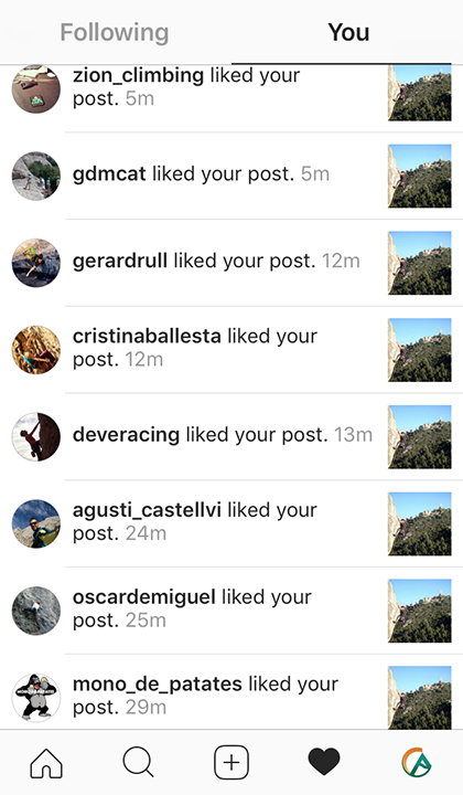 Captura de pantalla de las interacciones del perfil de Climb Around en Instagram.
